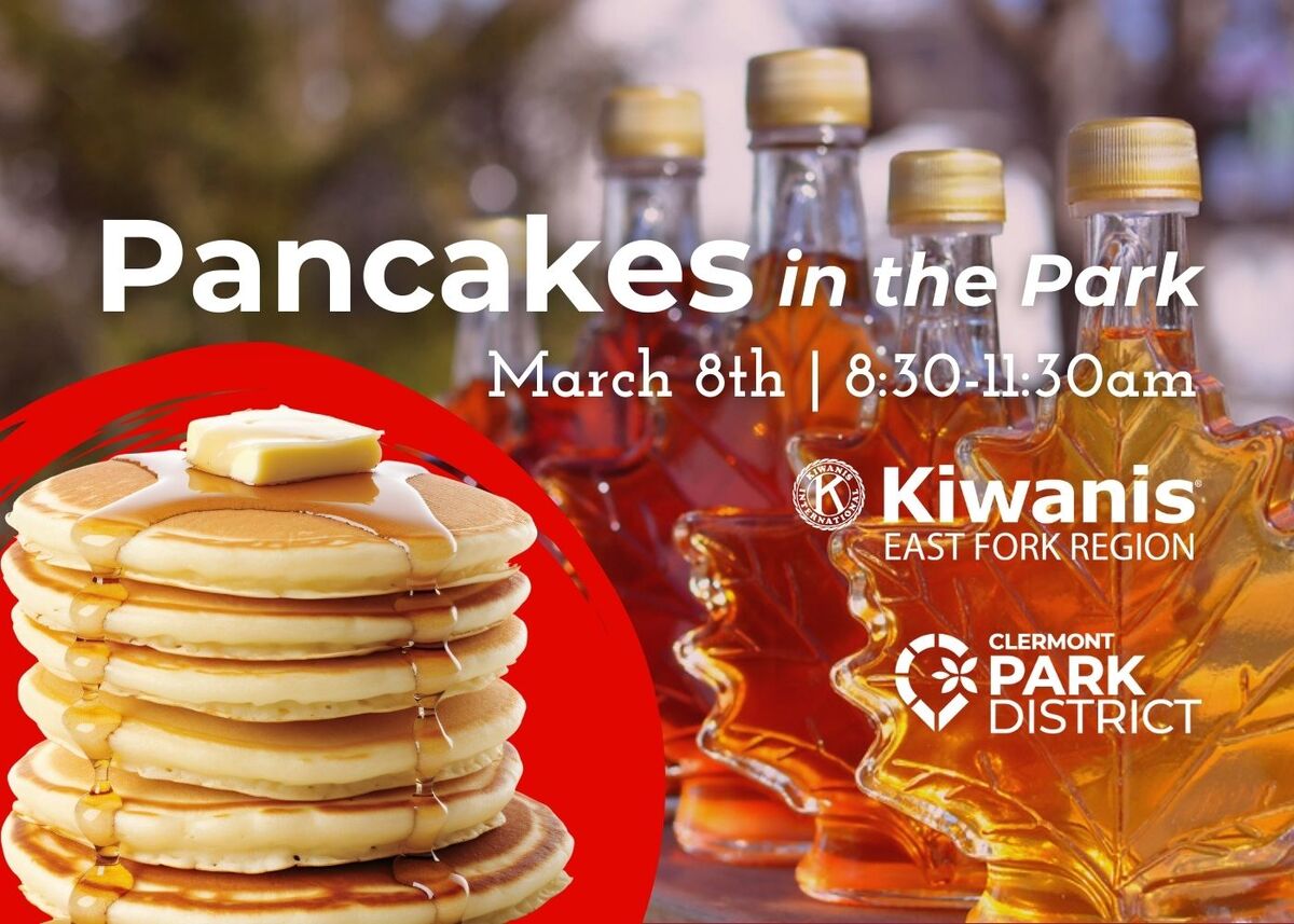 Pancakes in the Park: a stask of pancakes next to maple syrup bottles